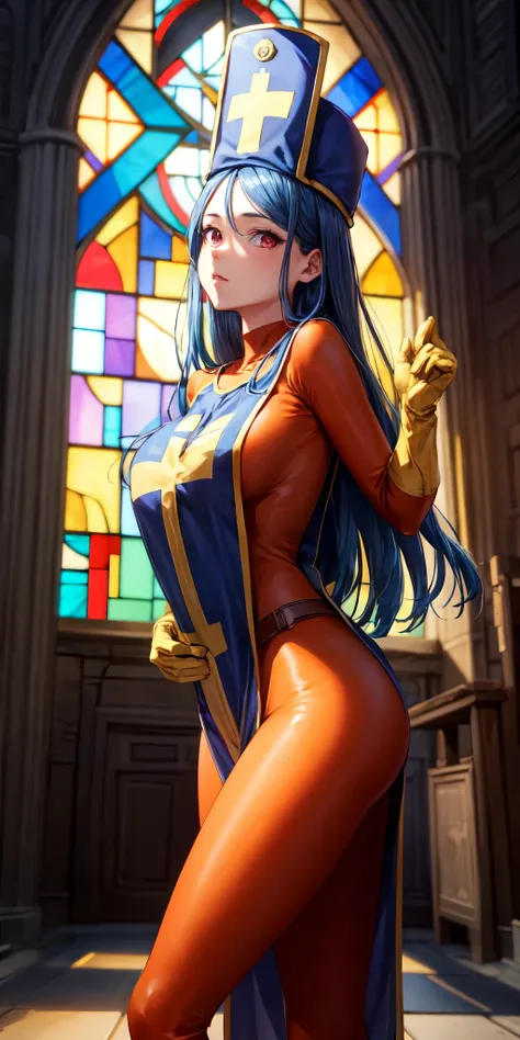 masterpiece, best quality, 4k, 8k, priest (dq3), 1girl, solo, long hair, blue hair, red eyes, mitre, tabard, cross print, orange bodysuit, elbow gloves, large breasts, praying, nature, church, Stained glass, holylight, cowboy shot, from front, look at view...