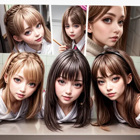(Assfocus, Through wall, Glory wall pose:1.2), SchoolGirls wearing uniforms with white Thongs, Red ribbon, Glistening ivory skin, name plate, no legwear . Different types of hair colors, (((NOGIZAKA face variations))) Extremely Detailed very KAWAII face v...