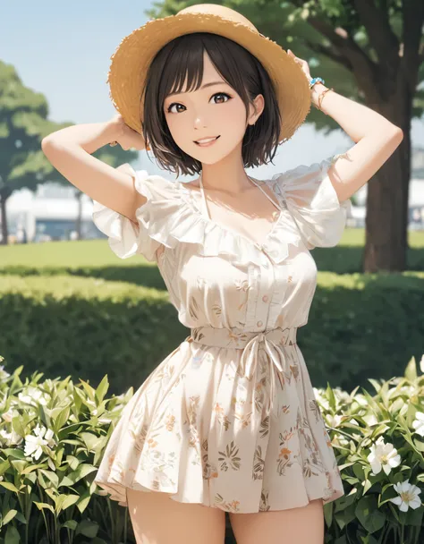 (best quality:1.2), 1girl, ueno park, blouse, skirt, summer, cowboy shot, shoot from front