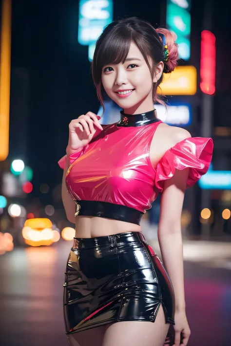 browsing caution、female idols、smile、ezvian everywhere、、shiny latex mini skirt（neon fuchsia)、(multi-coloured updo)、conceptual art...