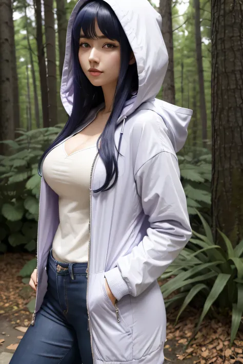 illustration of sexy Hinata Hyuga from the Naruto anime series. The illustration should depict her in her classic outfit from the "Naruto Shippuden" era,( lavender and cream hooded jacket and dark blue pants. long dark blue hair, Byakugan eyes,) 
backgroun...