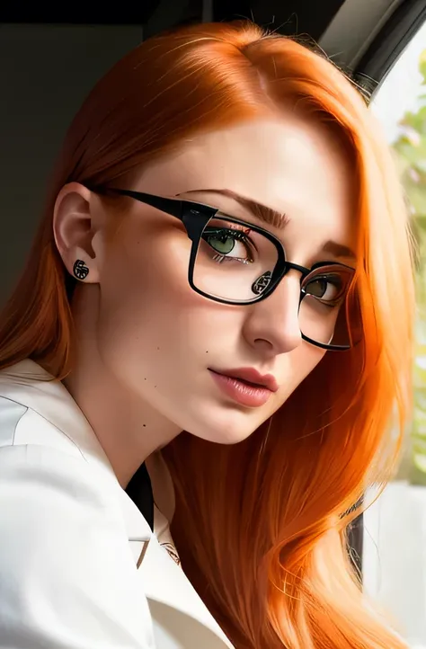 Photo of Sophie Turner, real, Beautiful actress, (ginger hair), ((Portrait)), ((Detailed face:1.2)), ((detailed facial features)), finely detailed skin, bright green eyes, big breasts, futuristic lab environment, Sitting on a chair, She is wearing cat-eye ...