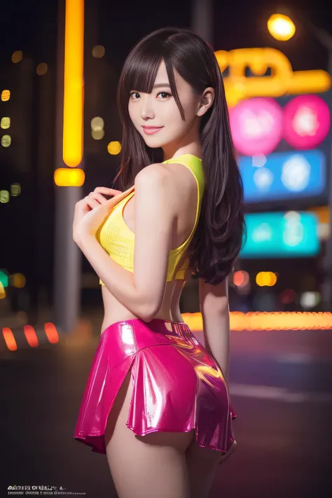 browsing caution、female idols、smile、ezvian everywhere、、shiny latex mini skirt（neon fuchsia)、(multi-colored long hair)、conceptual...