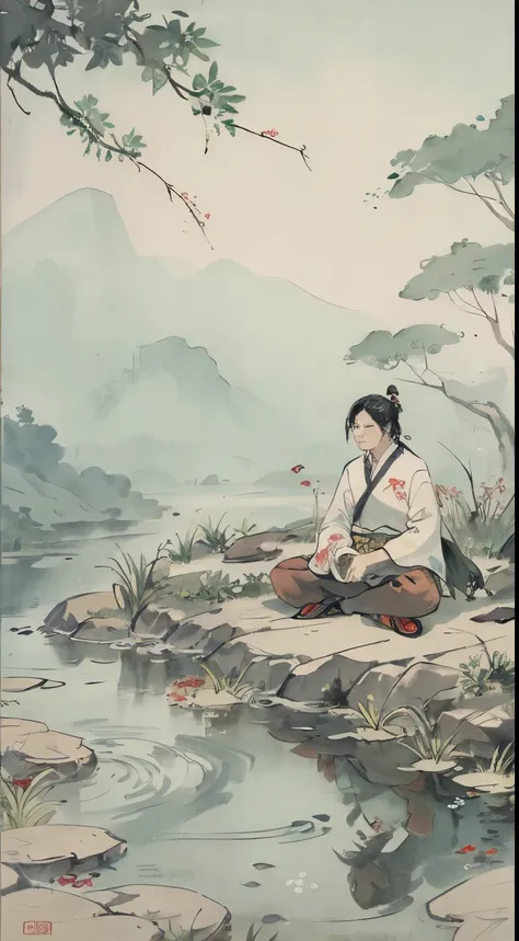 Koi in the pond，Green grass on the shore，Lots of flowers，plant，person meditating， Chinese watercolor style, HD，Chinese traditional watercolor painting，traditional Chinese painting，Chinese ink painting。