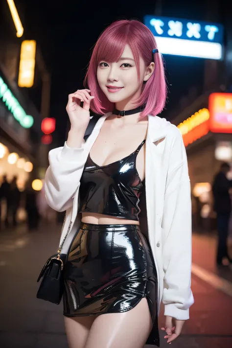 Browsing Caution、Female Idols、smile、Ezvian everywhere、、Shiny latex mini skirt（Neon Fuchsia)、(Multi-colored medium hair)、Conceptual Art, high quality, Realistic, Very detailed CG synthesis 8k wallpaper, Very detailed, High resolution raw color photos, Profe...