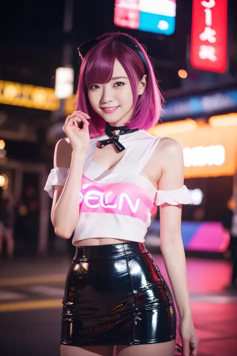 browsing caution、female idols、smile、ezvian everywhere、、shiny latex mini skirt（neon fuchsia)、(multi-colored medium hair)、conceptu...