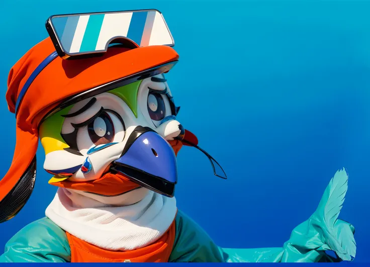 This image depicts a cartoon bird character against a gradient blue background. The bird has multicolored plumage with dominant green on its forehead, white on its neck, and a blue beak. It is wearing a red cap with a large visor and goggles with blue and ...