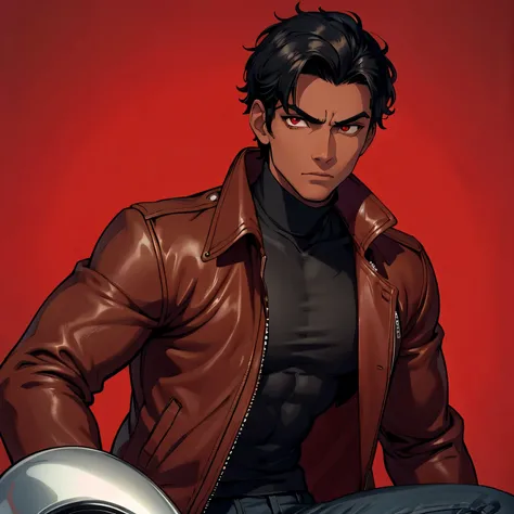 1boy, best quality, detailed face, detailed eyes, dark-skinned male, black hair, short hair, red eyes, serious, red jacket, leather jacket, black turtleneck, black jeans, muscular male, simple background