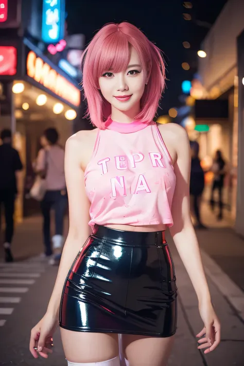 browsing caution、female idols、smile、ezvian everywhere、、shiny latex mini skirt（neon fuchsia)、(multi-colored medium hair)、conceptu...