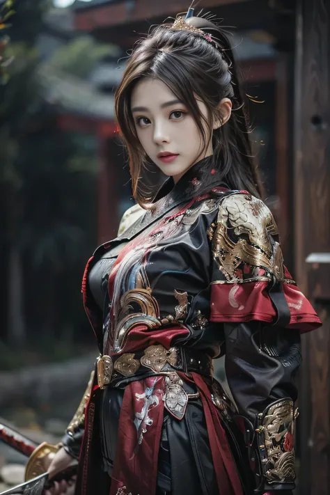 Fei Yu_robes, depth of field, The lines are thin and smooth., Whole body photo, see the whole body, 4K resolution, Highly detailed, realistic, red cloth, exquisite face, blonde hair, red eyes, long hair, braid, beautiful girl, Full show, Gold Embroidery, b...