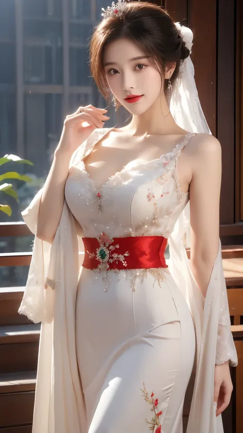 ((masterpiece)), best quality, (8K, best quality, masterpiece: 1.2), Extremely detailed, She was wearing an exquisite Chinese wedding dress，The skirt is embroidered with auspicious patterns of dragons and phoenixes，Wearing a jeweled phoenix crown，Exquisite...