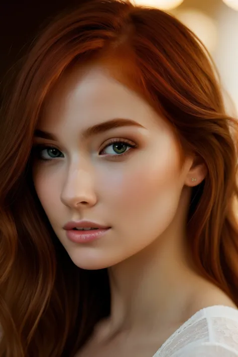 A breathtaking photograph capturing the essence of the worlds most stunning and captivating redhead girl of all time. Her alluring pose and seductive facial expression draw you in, while the photorealistic rendering of every detail leaves you in awe. The h...