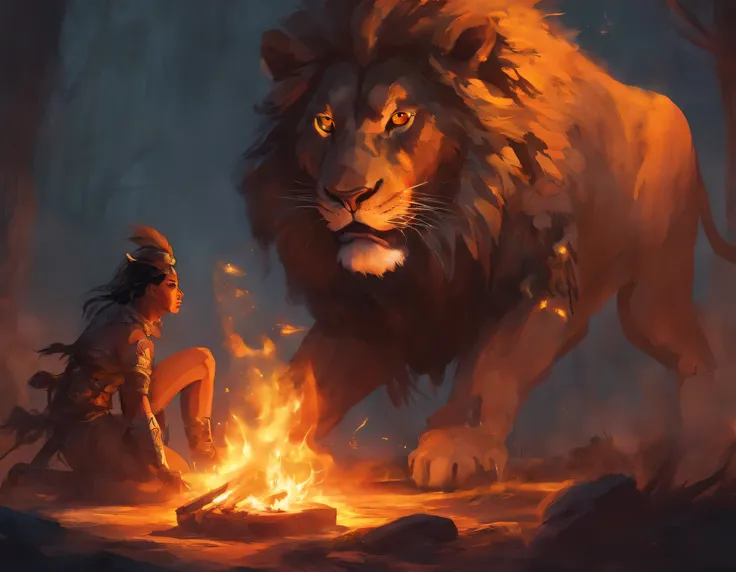 A warrior woman in a hunting costume dances near a night fire. Hunters sit nearby and clap their hands. A huge lion lies curled up in a ball near the fire.