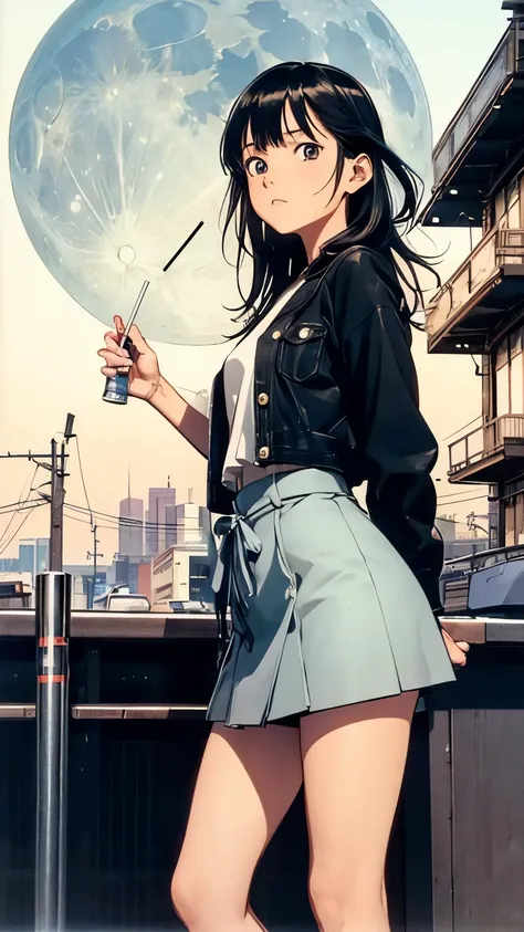 Yuji Kamosawa, Takeo Takei, Akira Yasuda, Jean Giraud, Satoshi Urushihara, Surrealism, wonder, bizarre, bizarre, fantasy, Sci-fi fantasy, anime, passing a beautiful lady in a miniskirt of the moon, perfect voluminous body, on a street corner, smoking a cig...