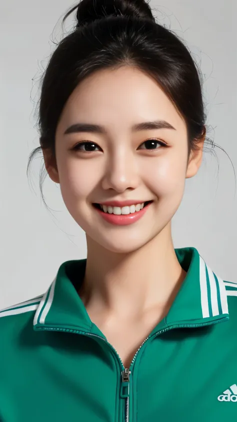 best quality、Disorganized、Very detailed、Finely、high resolution、8k wallpaper、Perfect dynamic composition,A woman in a green jacket with white stripes smiles, youngcute的韩国面孔,cute的韩国脸, Korean facial features, Nam Jae-yeon, Beautiful Korean woman, korean symme...