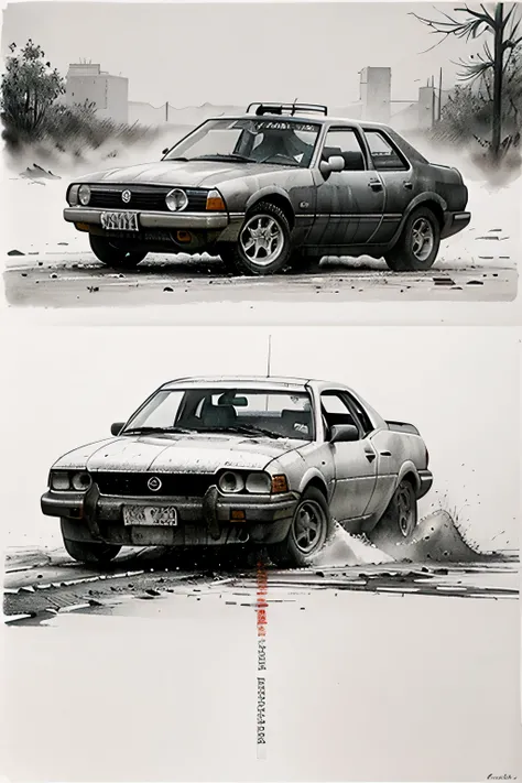 Stephen Gammell style, dessin, aquarelle, aquarelles, noir et blanc et rouge , de marais, de sombres créatures, dégoulinant, accident de voiture two cars colliding at high speed