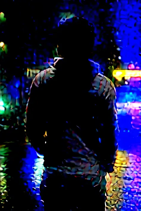 high-resolution photography, vibrant street photography capturing a man model in motion at night, wears over-fit hoodie with back and sports vividly colored hair, stands out against backdrop of blurred city lights, emphasize surreal, motion-blur effect tha...