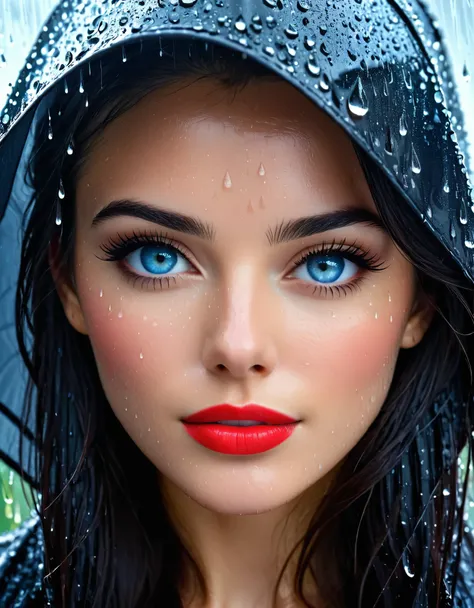 Subject/Theme: Extreme closeup shot of a beautiful womans face.
Style: Extreme Closeup Shot
Scene Description:
Ambiance: Mid-day with rain falling
Weather Condition: Rainy
Camera Shot Type: Extreme Closeup
Camera Lens: EE 85mm for detailed facial featur...