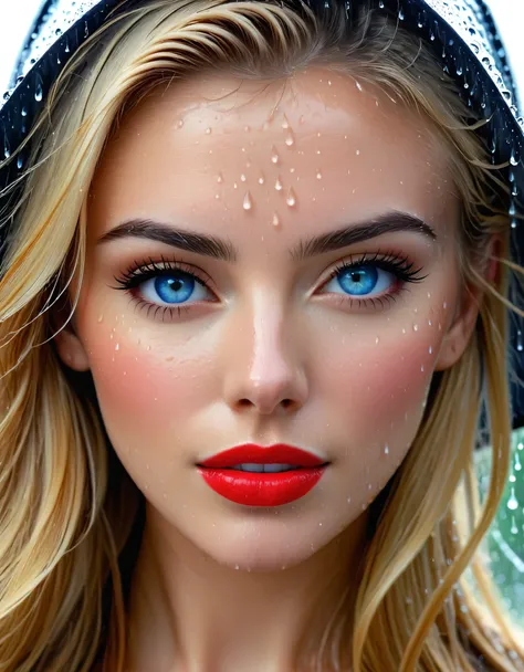 Subject/Theme: Extreme closeup shot of a beautiful womans face.
Style: Extreme Closeup Shot
Scene Description:
Ambiance: Mid-day with rain falling
Weather Condition: Rainy
Camera Shot Type: Extreme Closeup
Camera Lens: EE 85mm for detailed facial featur...
