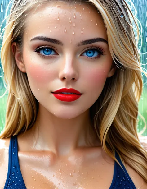 Subject/Theme: Extreme closeup shot of a beautiful womans face.
Style: Extreme Closeup Shot
Scene Description:
Ambiance: Mid-day with rain falling
Weather Condition: Rainy
Camera Shot Type: Extreme Closeup
Camera Lens: EE 85mm for detailed facial featur...