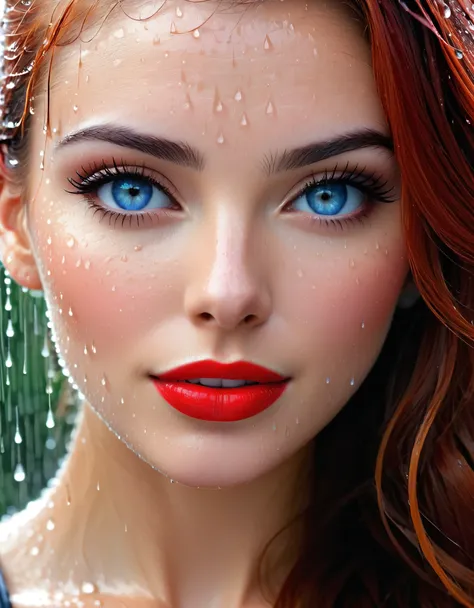 Subject/Theme: Extreme closeup shot of a beautiful womans face.

Style: Extreme Closeup Shot

Scene Description:

Ambiance: Mid-day with rain falling
Weather Condition: Rainy
Camera Shot Type: Extreme Closeup
Camera Lens: EE 85mm for detailed facial featur...