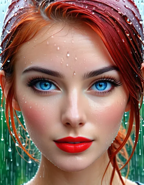 Subject/Theme: Extreme closeup shot of a beautiful womans face.
Style: Extreme Closeup Shot
Scene Description:
Ambiance: Mid-day with rain falling
Weather Condition: Rainy
Camera Shot Type: Extreme Closeup
Camera Lens: EE 85mm for detailed facial featur...