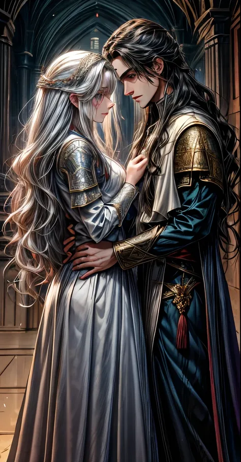A picture ua couple together, a young man of apparent 17 years, has semi - long wavy black hair, his eyes are light blue, slightly tanned skin, his face is very similar to Jake Gyllenhaal, his clothes are those of a medieval Saracen warrior of black color,...