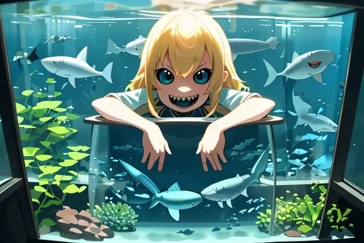 Small sharks are swimming in the fish tank, (Small sharks:1.5), Terrarium, 1 cute girl is looking at the shark happily, Small sharks are swimming in front of her, Shot through the fish tank, blonde long hair, (grin showing sharp teeth like a shark), (maste...