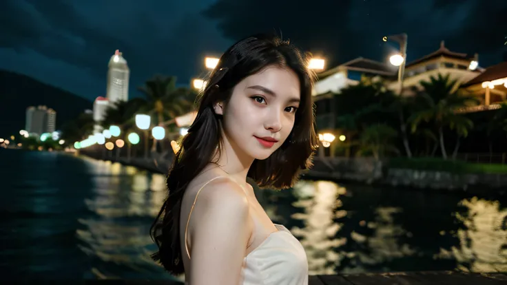 iphone photo, raw photo, night photo, photo of 20 y.o beautiful woman, pale skin, bokeh, motion blur, thai, sea, backlight, Soft smirk, Blur background