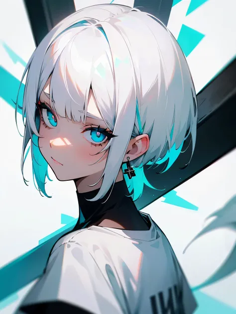 young woman, White hair, short hair, vortex, right eye black with white pupil, left eye blue with black pupil, black T-shirt, turquoise strand on bangs, back hair extends to shoulder blades, hair is not much tousled, black earrings in the form of a cross i...