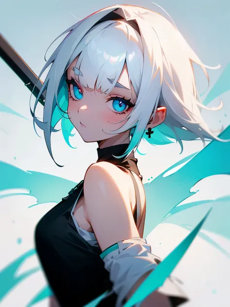 young woman, White hair, short hair, vortex, right eye black with white pupil, left eye blue with black pupil, black T-shirt, turquoise strand on bangs, back hair extends to shoulder blades, hair is not much tousled, black earrings in the form of a cross i...