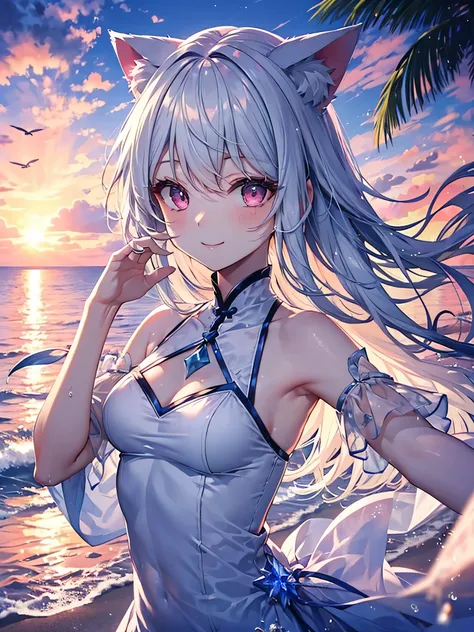 Highly detailed face, water effects、Light effects,medium breasts,pretty girl,smile,Cat ear,Beautiful silver hair,Pink inside,Beautiful pink eyes ,an orange、pink there、Yellow blends to fill the sky、The sunset over the beach is truly mesmerizing。The crystal ...