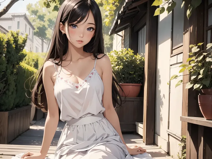 1 girl, Beautiful asian lady, Long straight hair, beautiful face, delicate eyes, detailed pupil, beautiful and delicate lips, white camisole long skirt, Simple and stylish, hand drawn animation, high detailed, outdoor, blush, shy, heart, in love,