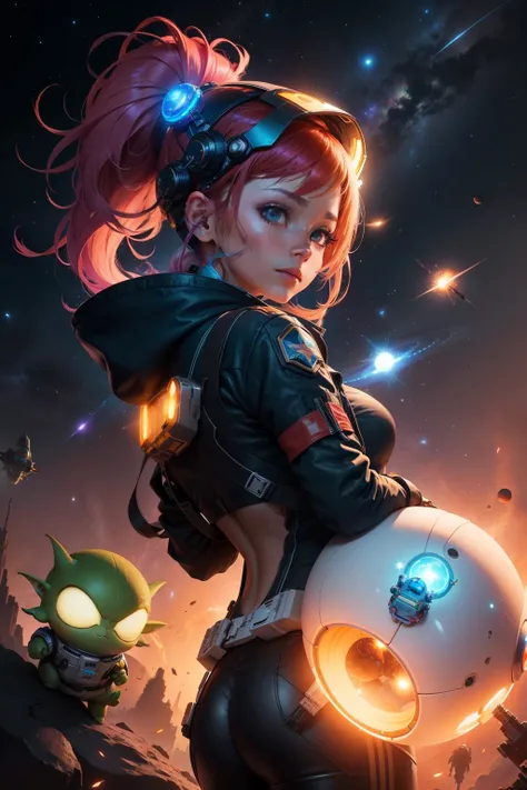 Draw a mobile game scenario: The character Firefly, a daring space explorer, is navigating through Star Dome Orbit. Firefly is a humanoid figure with a bright, fiery aura, symbolizing her connection to fire and her courage. She is equipped with advanced sp...