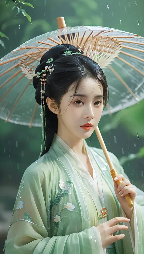 Masterpiece,8k,a Chinese style girl,oil-paper umbrella,hanfu,rain,light jade,ethereal Youhong,elegant,detailed design,chinese clothes,rain,light green tone,Textured skin,skin granules,