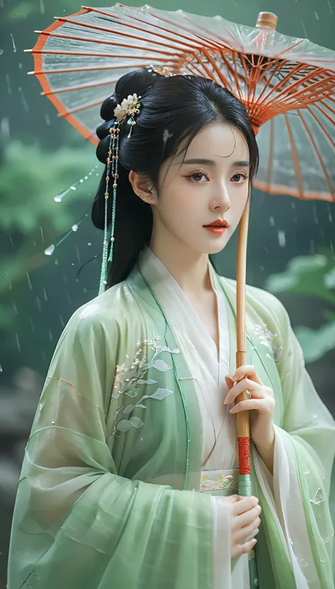 masterpiece,8k,a chinese style girl,oil-paper umbrella,hanfu,rain,light jade,ethereal youhong,elegant,detailed design,chinese cl...