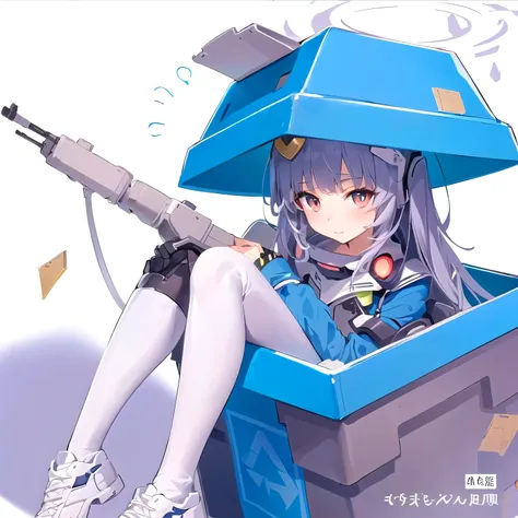 anime girl sitting in a box with a gun in her hand, Fleet Collection Style, Electromagnetic cannon, (anime girl), Anime cute art style, by Shitao, Gu Weiss, official art works, Zerochan art, a-1 image, Use your index finger, cute anime girl, Complete!! gir...