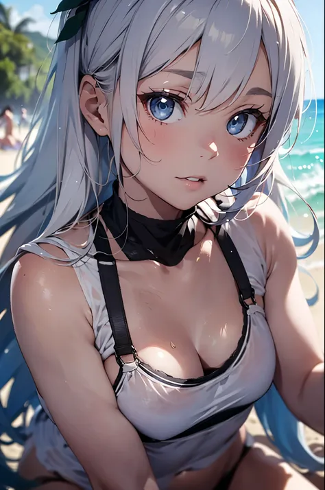 High resolution,White swimsuit、
One beautiful young woman,Silver Hair、
(Soft saturation:1.3), (Fair skin:1.2),
(ultra-Detailed Background, Detailed Background), Bokeh,
Blake&#39;s Portrait of a Smiling Girl.,
When viewed from the front, The composition is ...