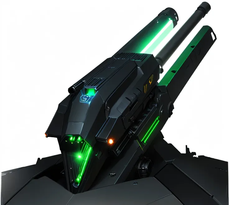 Close up of a gun with a green light, Laser Cannon, Weapons of the future, futuristic gun, laser turret, Sci-fi weapons, Protruding keel mounted electromagnetic gun, Weapon Design, Concept Artwork, laser weapon, Rainbow Technology and Weapons, mechanized a...