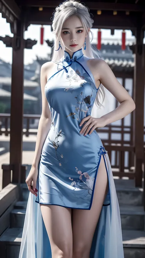 Fashion cheongsam, HDR10, absurd, fractal Art, Human Development Report, (Soft Light, sharp:1.2), beautiful girl, extremely detailed blue eyes, entirely paint, splat, splash, long hair, Ultra-fine texture, Water Drop, outdoor, rainbow色, game of Thrones, ra...