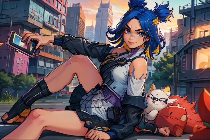 1girl, black_skirt, blue_hair, building, city, cityscape, hair_between_eyes, jacket, looking_at_viewer, medium_hair, multicolored_hair, multiple_boys, night, off_shoulder, outdoors, pleated_skirt, road, shirt, skirt, skyscraper, smile, solo_focus, street, ...