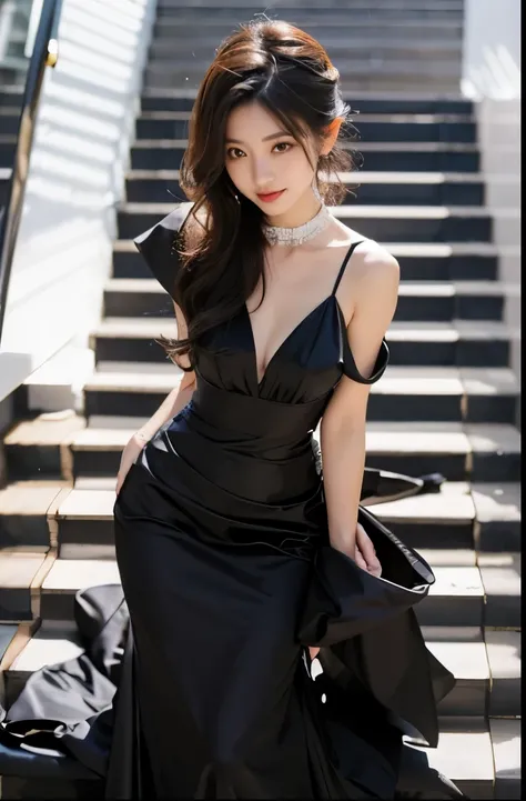 Beautiful Japanese Waifu, early 30s, brunette hair, luxury black evening gown