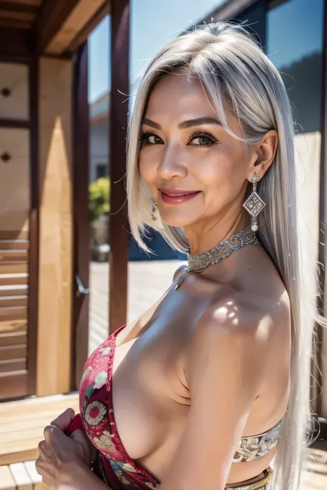 ポートレートスタイル　75 years old　Mom　MILF　Korean, Lady　large earring　Big choker　navel piercing decoration　A bracelet　Silver Hair　realisitic　Gorgeous Madame Beautiful Mature Woman　sexy　Smile　Gentle woman navel piercing　４K　High quality 　夏　サマードレス　フォーマル