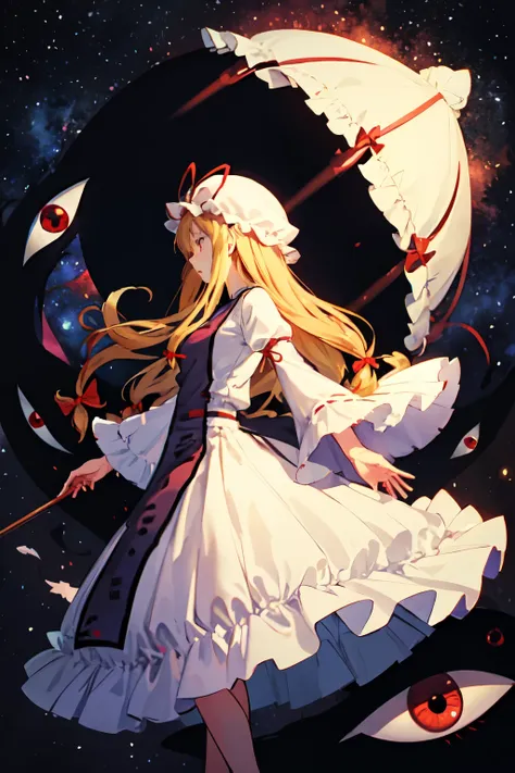 masterpiece, best quality, 1 girl, solitary, yakumo yukari tears up space and dimensions, side view,blonde hair, long hair, , ga...