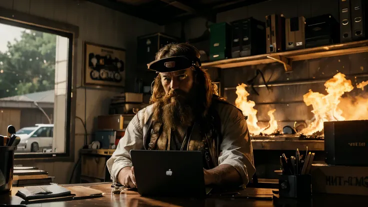 a garage on fire , big macho man Hippy beard style , john miller , sitting behind a desk , workinf on laptop , facing camera , in a dark garage , the garage is on fire , fire everywhere , ultra detail, high resolution, ultra detailed, best quality, amazing...