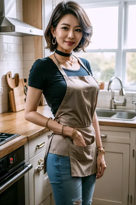  Black Shirt, apron, Distressed jeans　67 years old　mom　milf　Korean, Lady　large earring　Big choker　navel piercing decoration　A bracelet　Silver Hair　realisitic　Gorgeous Madame Beautiful Mature Woman　sexly　Smile　Gentle woman navel piercing　４K　High quality ベーカ...