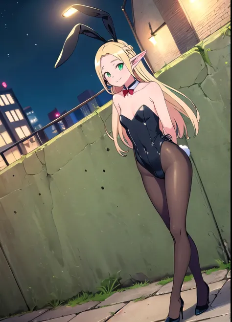 (highly detailed), (masterpiece), (1girl), (Marcille_Donato_DungeonMeshi), blonde hair, long hair, twin braids, elf, pointy ears, green eyes, smile, (skinny body: 1.2), (thin legs: 1.2), (black  playboy bunny), (black fake rabbit ears), (black pantyhose), ...