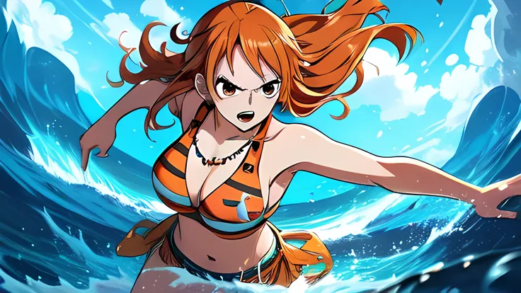 Nami from one piece with fiery orange hair, intense brown eyes, and a fierce expression. Shes surrounded by a swirling blue energy, suggesting shes in the midst of a battle or a magical display. Her outfit is bikini,full body, with a white, striped top and...