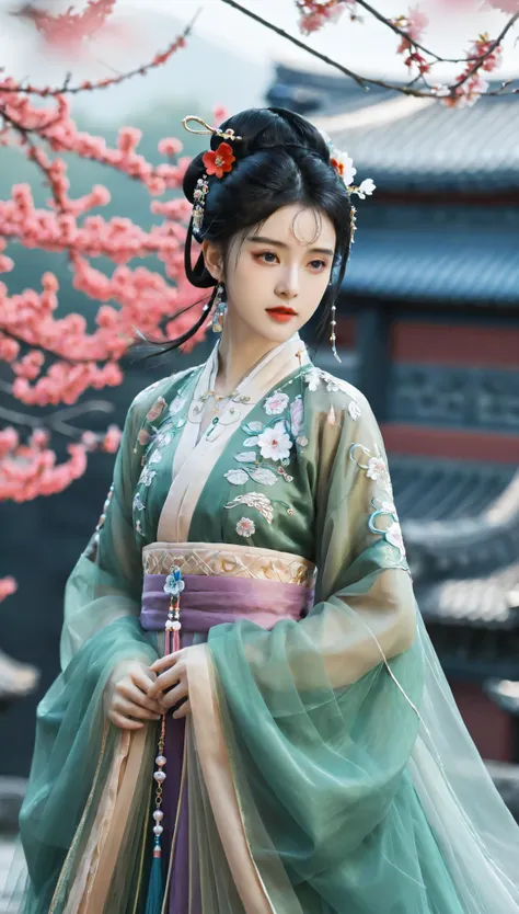 masterpiece,best quality,8k,official art,ultra high res,1girl,looking at viewer,chinese clothes,hanfu,jewelry,hair ornament,uppe...