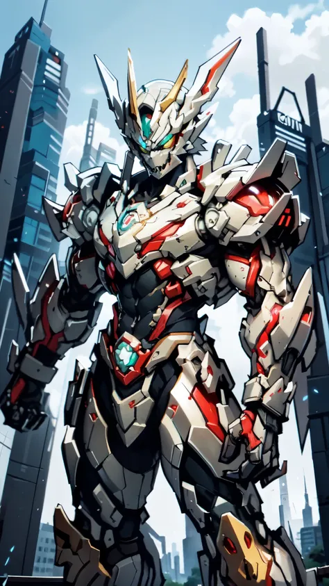 (masterpiece:1.5, best quality:1.5, extremely delicate:1.5, perspective:1.5, foreshortening:1.5, dynamic angle:1.5), a man wearing a full-face helmet, a fantasy-style biotech armored combat suit, green eyes, (a composite layered chest armor), fully enclose...